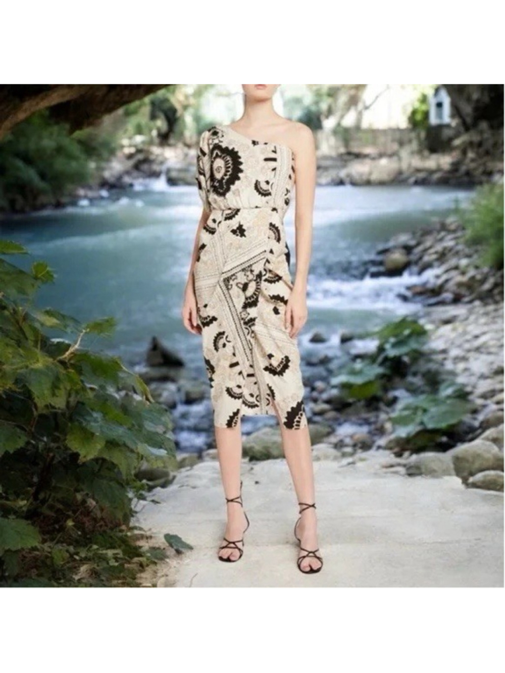 Johanna Ortiz One Shoulder Sacred Geometry Midi Dress 6 Wedding Guest Tropical